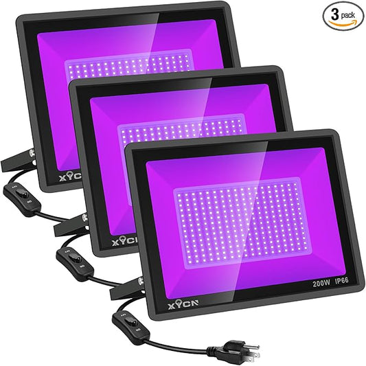 3 Pack 200W LED Flood Black Lights,Outdoor Flood Blacklight Light with Plug, IP66 Waterproof forGlow in The Dark, Dance Party, Stage Lighting, Body Paint, Fluorescent Poster, Neon Glow