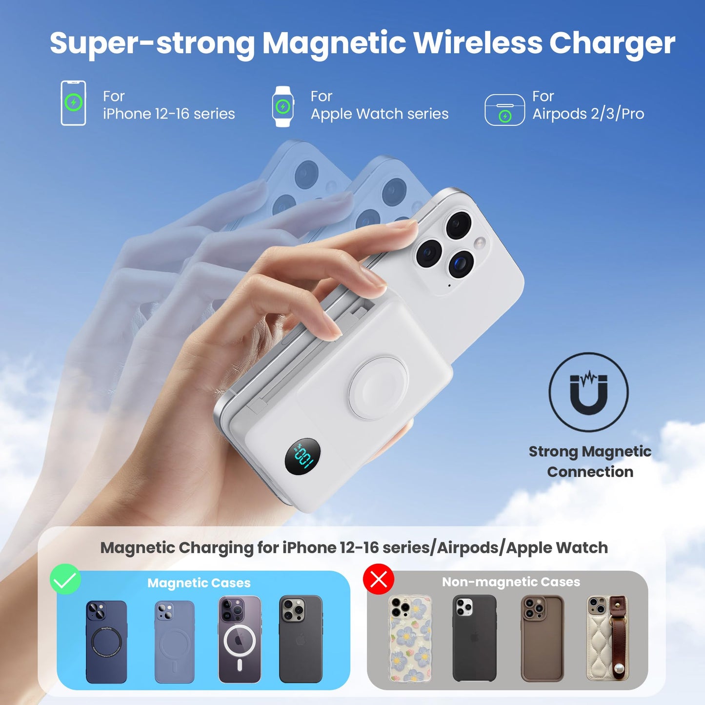 Magnetic Portable Charger 10800mAh for iPhone with Built-in Cables, 6-in-1 Wireless Power Bank with iWatch Charger, LCD Display 25W PD Fast Charging Battery Pack for iPhone 16/15/14/13/12, Apple Watch