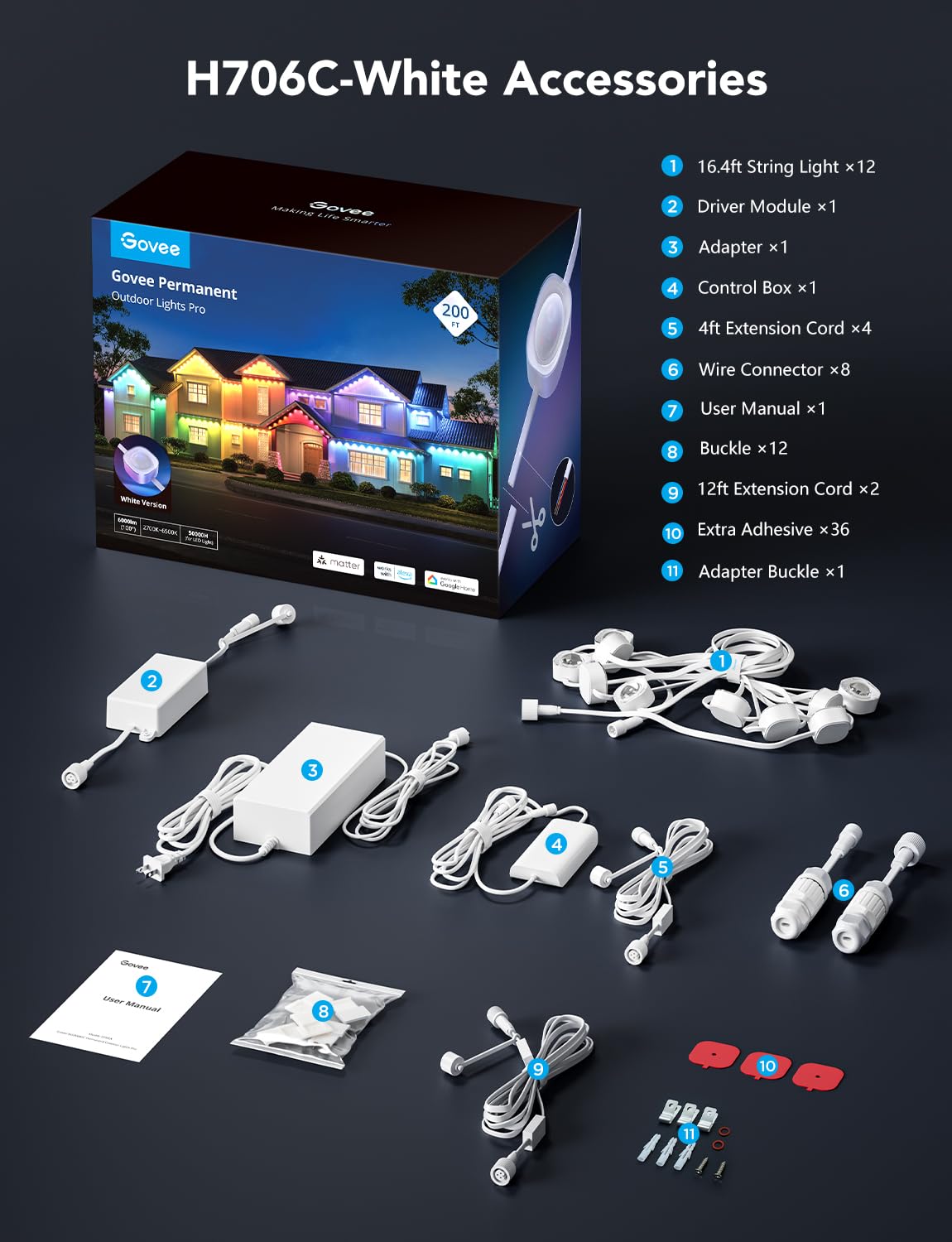 Govee Permanent Outdoor Lights Pro, 200ft with 120 RGBIC LED Lights for Daily and Accent Lighting, 75 Scene Modes for Outdoor Decor, IP67 Waterproof, Works with Alexa, Google Assistant, Matter, White