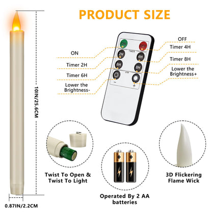 wemarry Flameless Taper Candles 10" Dripless Battery Operated Candle with Remote Timer, 6 Pack Christmas Window Candles, 400+ Hours by 2 AA Batteries for Home Decor, Candlelight Dinner, Weddings