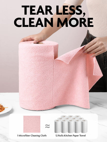 Fantasticlean Microfiber Cleaning Cloth Roll -75 Pack, Tear Away Microfiber Towels, 12" x 12", Reusable, Washable, Scratch Free, Ultra Absorbent Dish Rags for Car, Home, Garage or Shop (Pink)