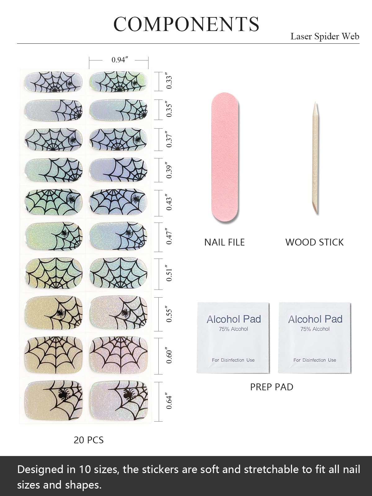 AutyaMee Semi Cured Gel Nail Strips (Laser Spider Web), Halloween, 20 Pcs Gel Nail Wraps, Stickers, UV Light Required, Salon Quality, Long Lasting