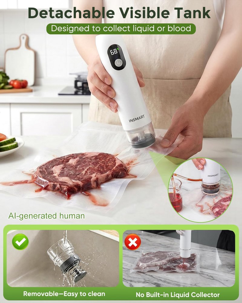 INSMART Compact Vacuum Sealer for Food (Vacuum Sealer Machine + 30 Reusable Vacuum Bags), Powerful Handheld Vacuum Sealer Machine with Visible Water Tank, LED Display & Portable