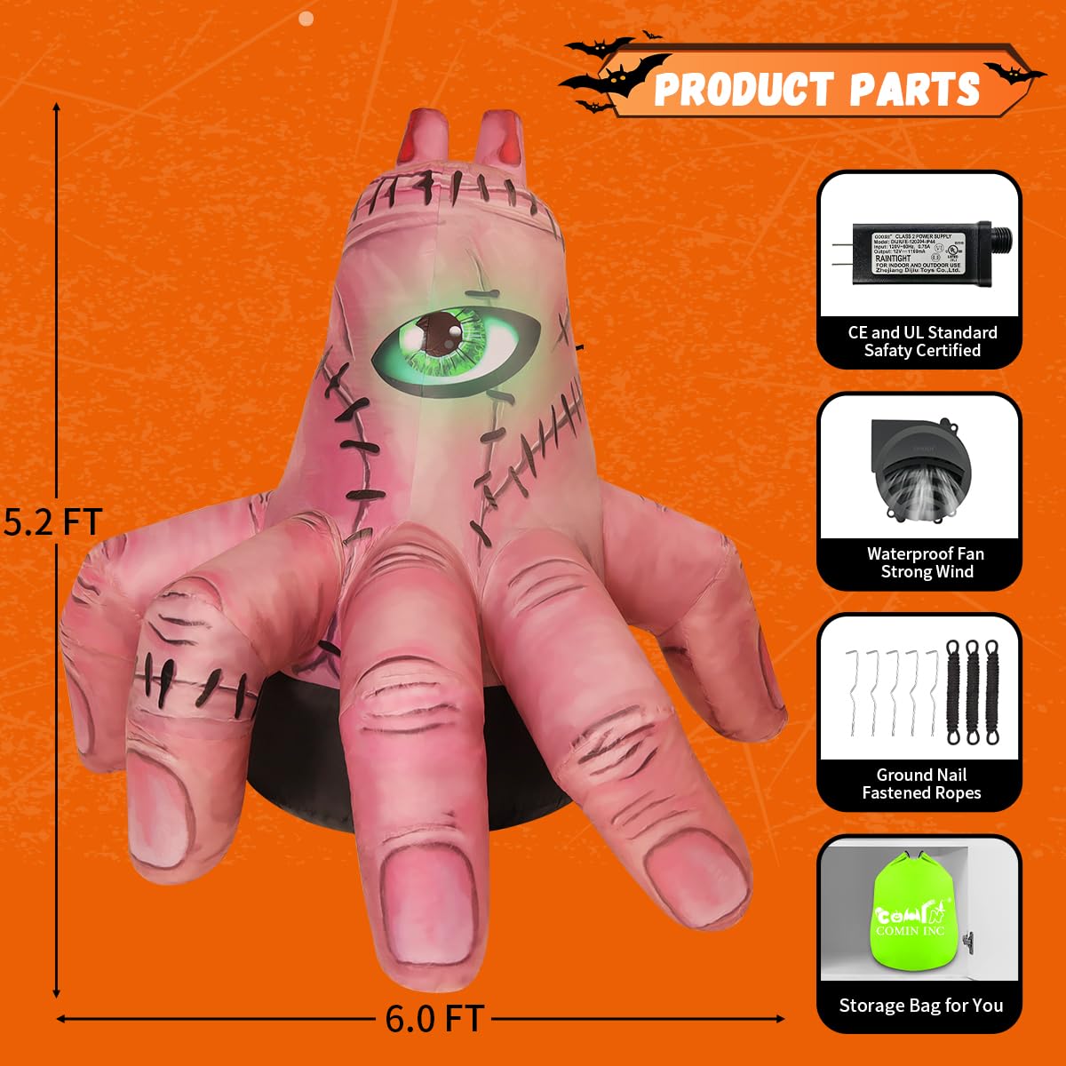 COMIN 6 FT Halloween Inflatables Hand Outdoor Decorations Blow Up Yard Scary Giant with Built-in LEDs for Indoor Party Garden Lawn Decor (Skin)