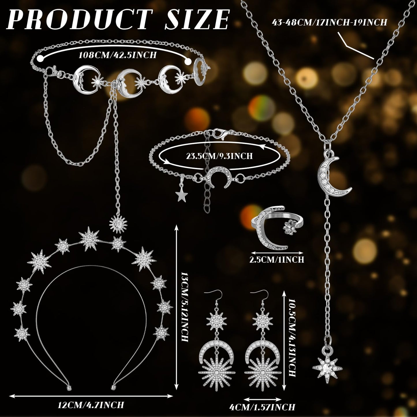 Glenmal 6 Pcs Halloween Crown Moon Star Headband Celestial Earrings Belt Jewelry for Wedding Moon Goddess Costume Accessories(Silver)