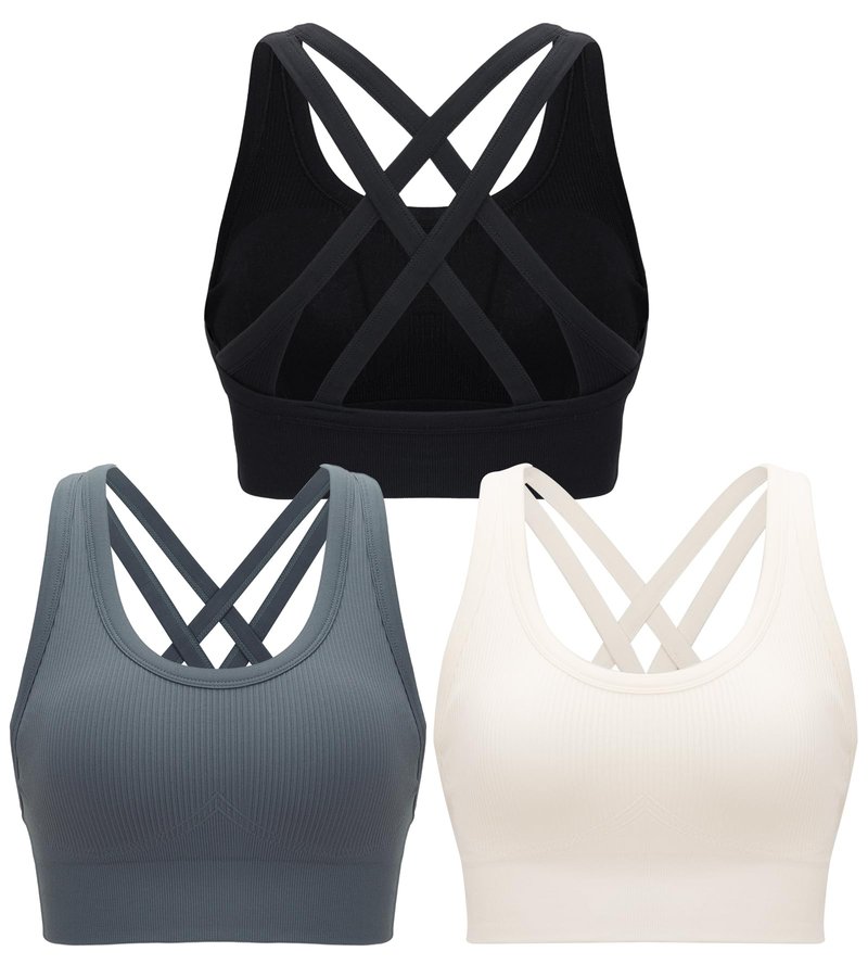 RUNNING GIRL Sports Bras for Women 3 Pack,Running Sports Bra for Women High Support with Removable Pads(WX3011_Black+Grey+White_M)