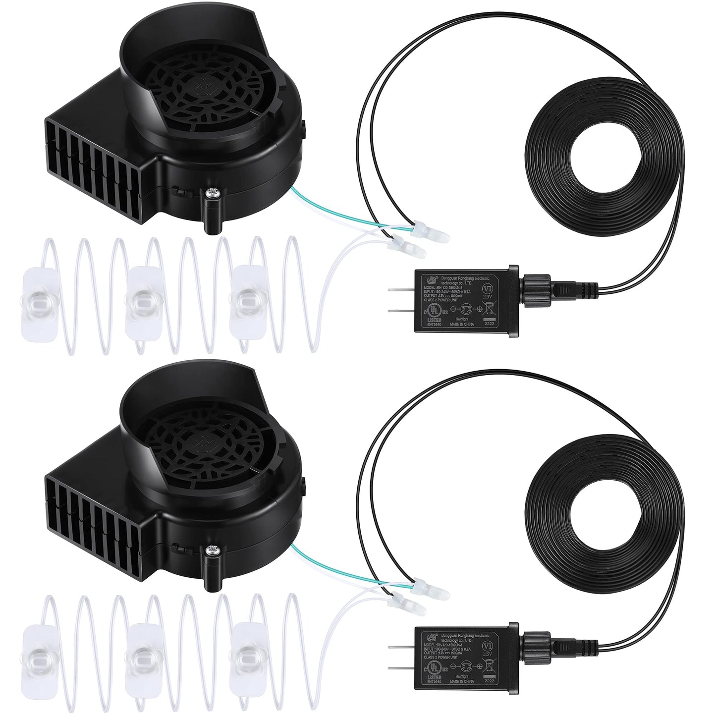 Hiboom 2 Pack Replacement Fan Blower, 12V 1.2A Mini Air Blower with 3 LED Light String for Inflatables Indoor Outdoor, 12V 1.5A Adapter for Halloween Christmas Holiday Inflatables Fan Blow up Motor