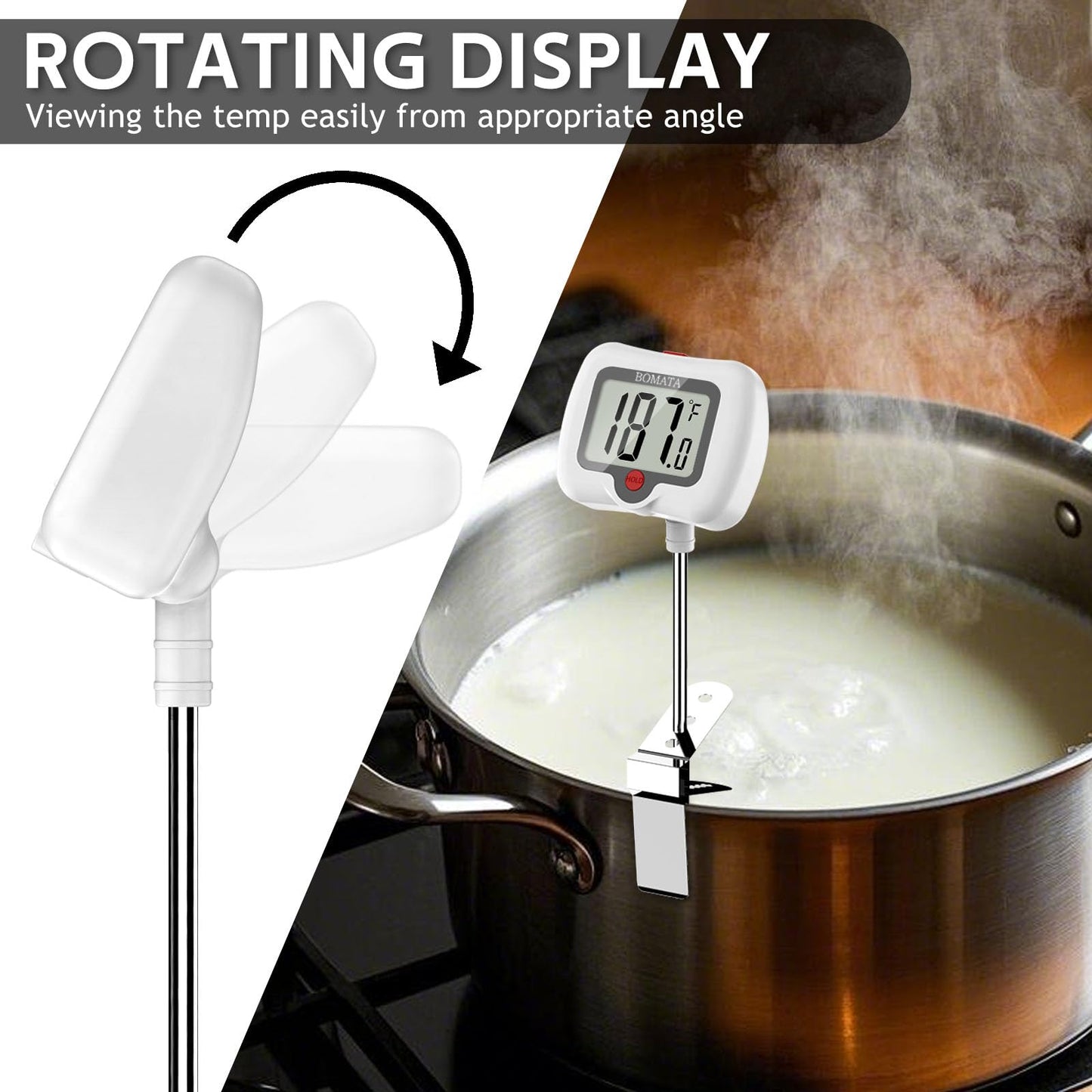 BOMATA Candy Thermometer with Pot Clip, Instant Read Cooking Thermometer with 8" Long Probe, Rotating Display, for Candy Making, Food, Candle Making, Liquids, Water, Baking, Sugar, Grilling. White
