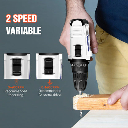 Mini Cordless Drill Driver Kit w/One Battery, 12V Electric Screwdriver Driver Tool Kit with LED Work Light, Max Torque 45 N.m, 3/8 Inch Keyless Chuck, 18+1 Position, Dual Speed 0-400/1400rpm