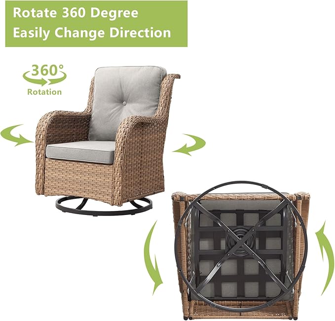 Rilyson Patio Chairs Rocking Swivel Chiar - 2 Piece Outdoor Wicker Furniture Chairs Set Rattan Rocker Chairs with High Back and Deep Seating for Outside Porch Deck Garden(Yellow/Beige)
