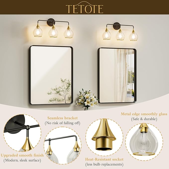 TETOTE 5-Light Modern Bathroom Light Fixtures, Over Mirror Black & Gold Wall Lamp with Clear Glass