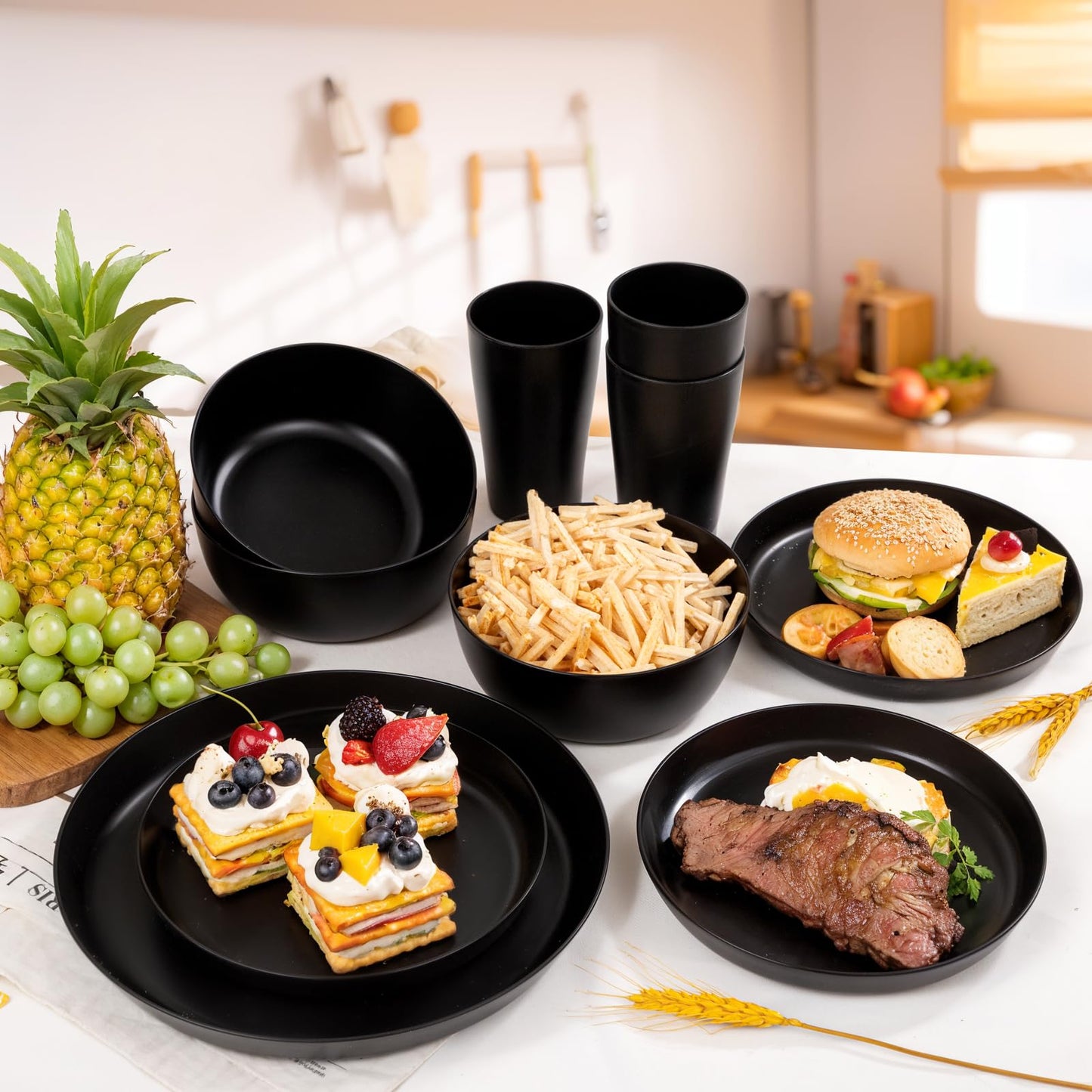 EI 24pcs Black Wheat Straw Plates,Wheat Straw Dinnerware Set,Plates and Bowls Sets,Reuasble Plate,Unbreakable Dinner Plate Heavy Duty Plastic for Halloween