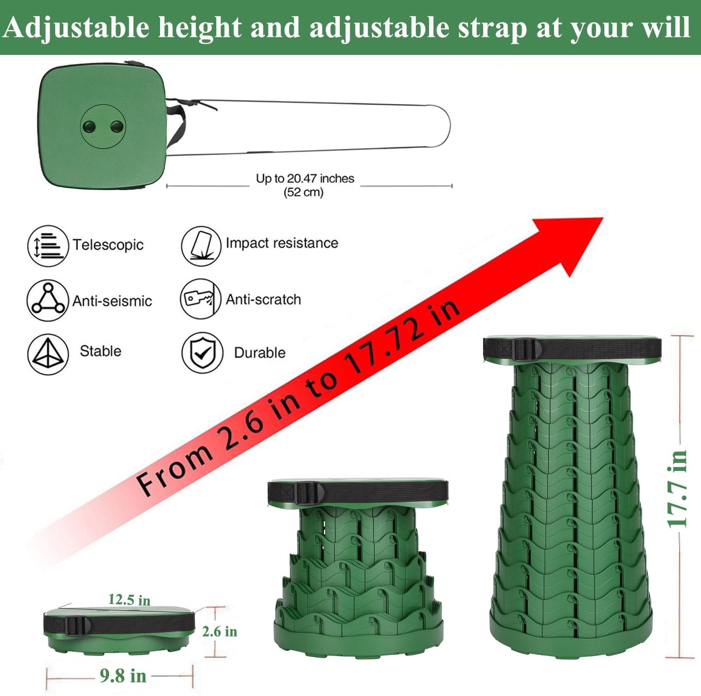 Fishboy Upgraded Square Collapsible Stool, 400lbs Max Weight, Lightweight But Sturdy, Portable Retractable Folding Telescoping Foldable Camping Stool for Adults Outdoor Fishing Hiking Travel BBQ