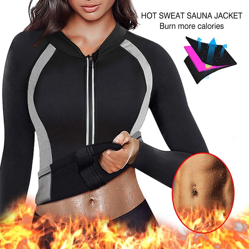 Women Sauna Suit Workout Jacket Hot Sweat Shirt Body Shaper Waist Trainer Fitness Top Long Sleeve Neoprene Zipper