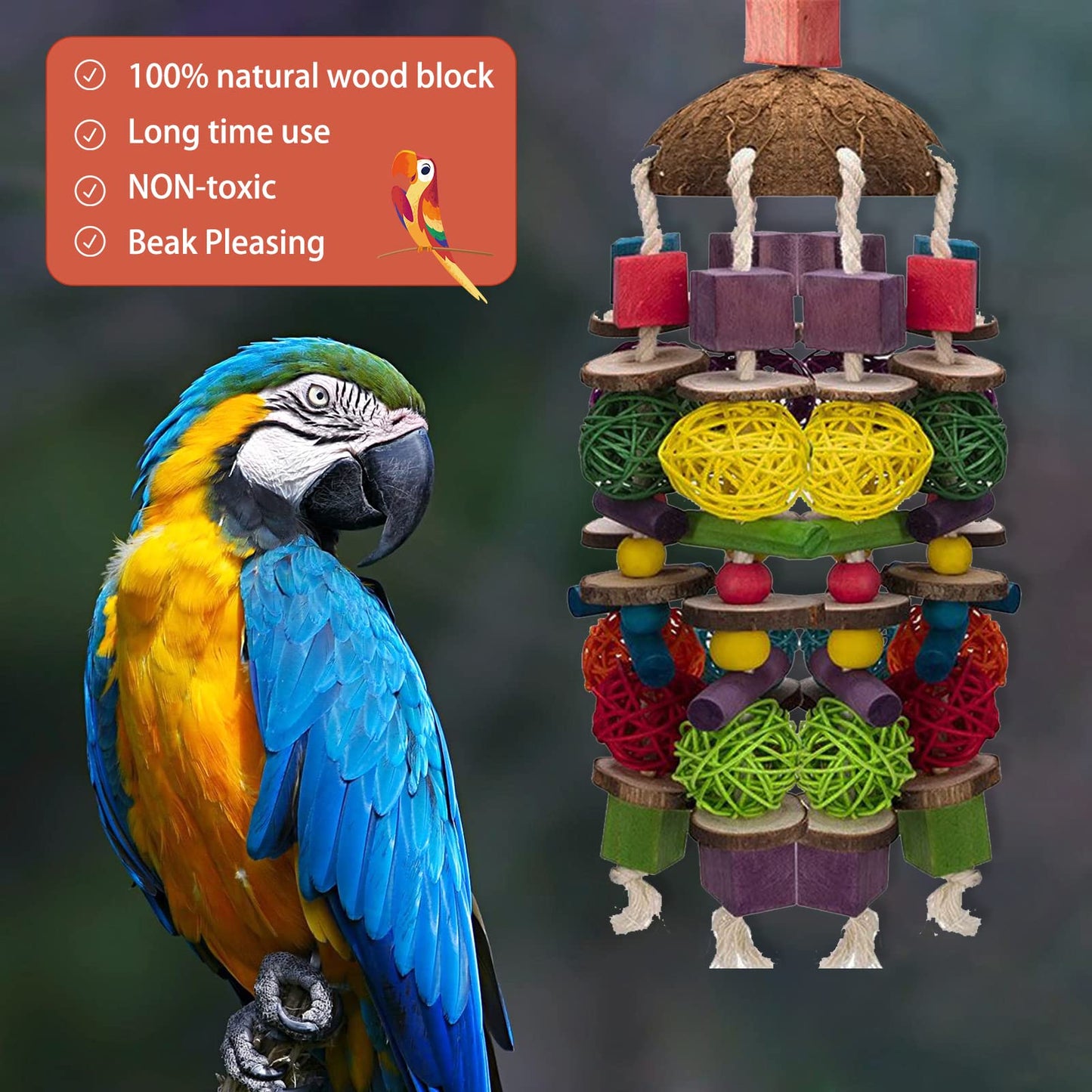 MQUPIN Large Parrot Toys 22 Inch Chewing Parrot Toy Upgraded,Parakeet Cage Bite Toys,Hanging Multicolored Natural Wooden Quaker Parrot Toys African Grey for Large Parrot (Colourful)