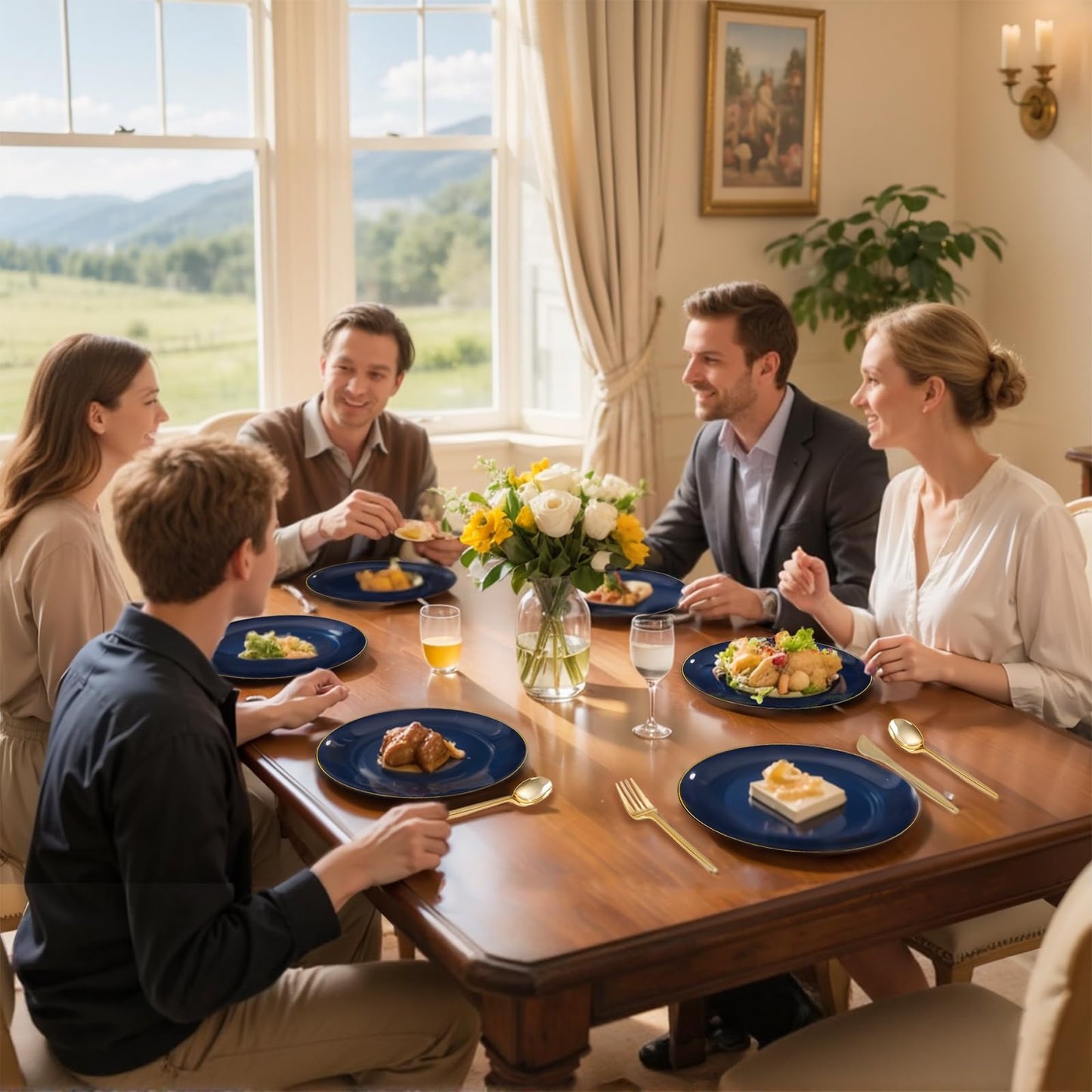 bUCLA 150PCS Blue and Gold Plastic Plates - 25 Guests Navy Blue Plastic Dinnerware Disposable for Party - Include 25 Dinner/Dessert Plates, 25 Knives, 25 Forks, 25 Spoons, 25 Cups