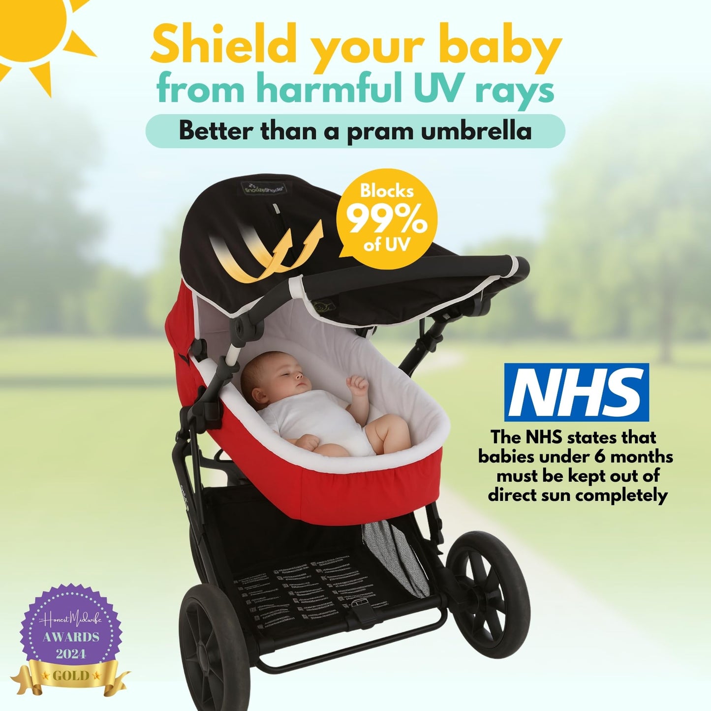 SnoozeShade Original 0-6m Pram and Buggy Sun Shade Blackout Cover Blocks 99% UV UPF 50 Baby Sleep Aid Better Than Breathable Mesh Canopy for Carrycot and Pushchair