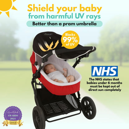 SnoozeShade Original 0-6m Pram and Buggy Sun Shade Blackout Cover Blocks 99% UV UPF 50 Baby Sleep Aid Better Than Breathable Mesh Canopy for Carrycot and Pushchair