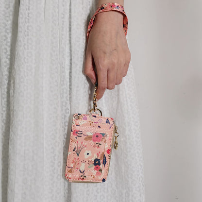 bolimoss Lanyard with Wallet,Zip ID Case with Lanyard,Lanyard Badge Holder,Lanyard Wallet for Women,Fashion Lanyard Wallet, ID Case Wallet with Lanyard（Pink Floral）