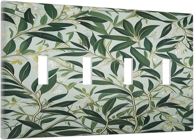Sage Eucalyptus Leaves Foliage Light Switch Covers Quad Toggle 4 Gang Wall Plate Decorative Switchplate Electrical Faceplate for Farmhouse Bathroom Living Decor