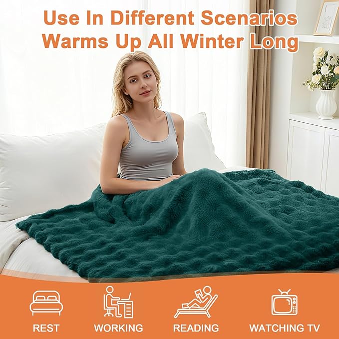 Heated Blanket Electric Throw Blanket 72''X 84''-Heating Blanket with 6 Heat Settings-10 Hours Auto Off,Cozy Faux Rabbit Fur Bubble Electric Blanket,Dark Green