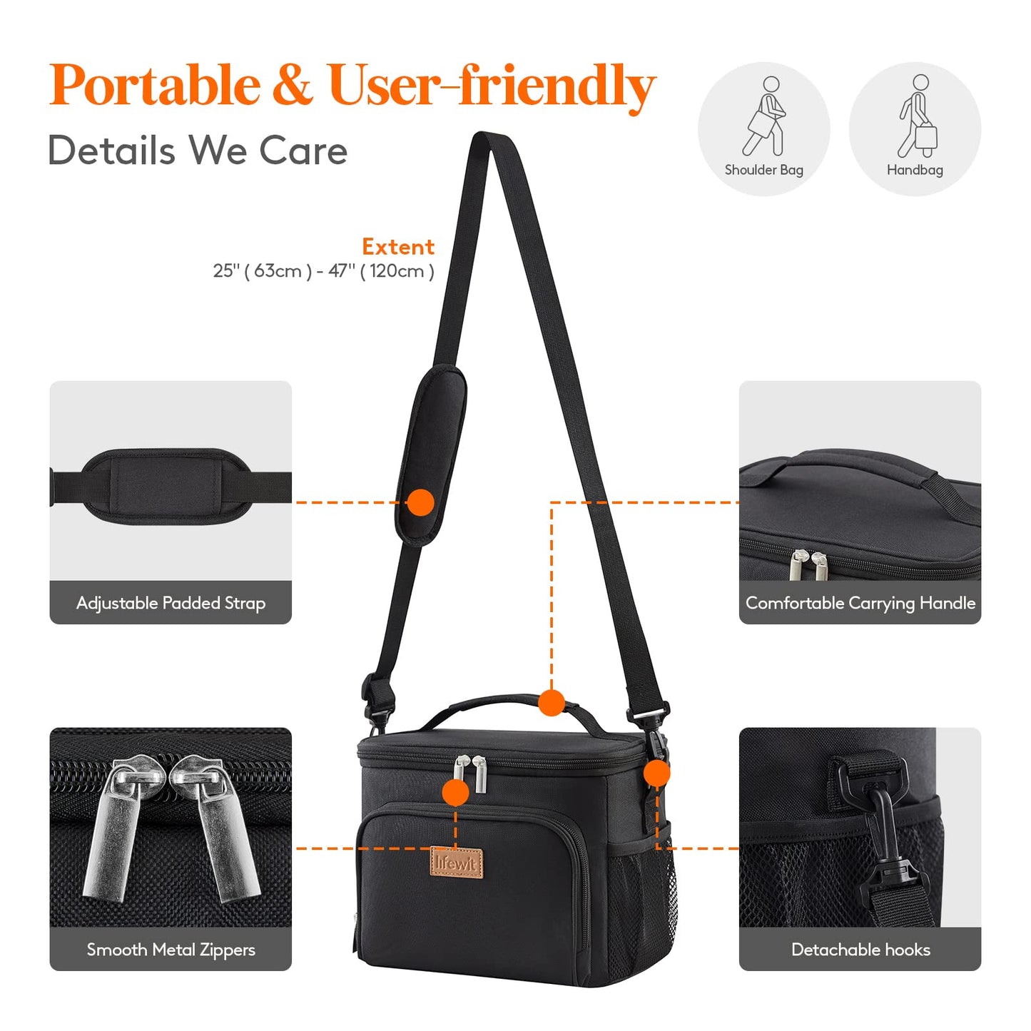 Lifewit Insulated Lunch Bag for Men, Thermal Lunch Box for Women Cool Bag, Reusable Leakproof Lunch Tote Bag with Adjustable Shoulder Strap for Adult for Work/Picnic/Beach, Black 9L