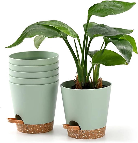 Plant Pots 6 PCS 5 inch Self Watering Planters High Drainage Flowers Pot for Indoor Outdoor Plants with Reservoir Tray and Watering Lip Gardening Planter Garden Flower Pots, Green