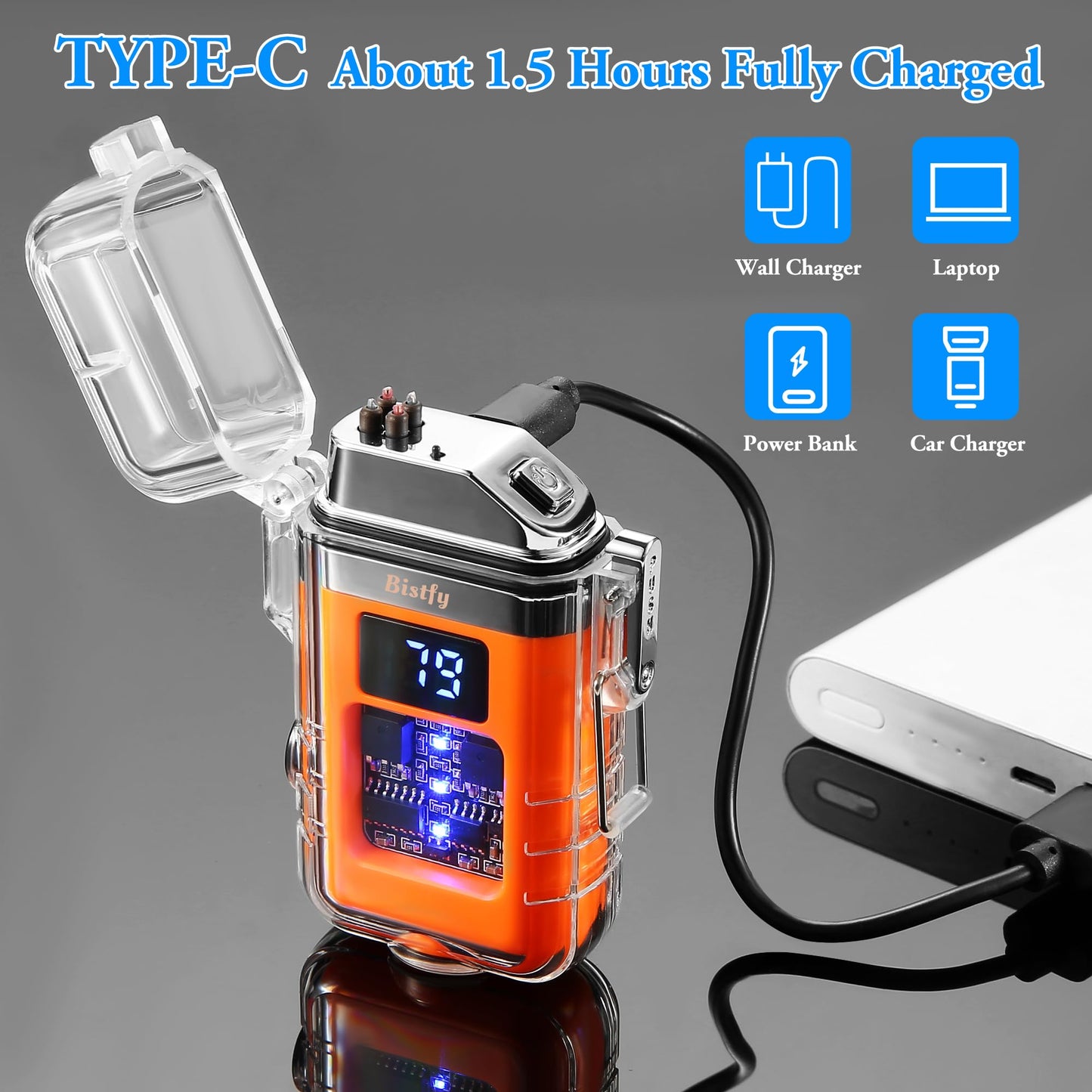 Bistfy Electric Lighter With Digital Display and Flashlight - Type C Rechargeable USB, Plasma Arc, Waterproof and Windproof Flameless Cool for Camping, Hiking, Outdoor Activities