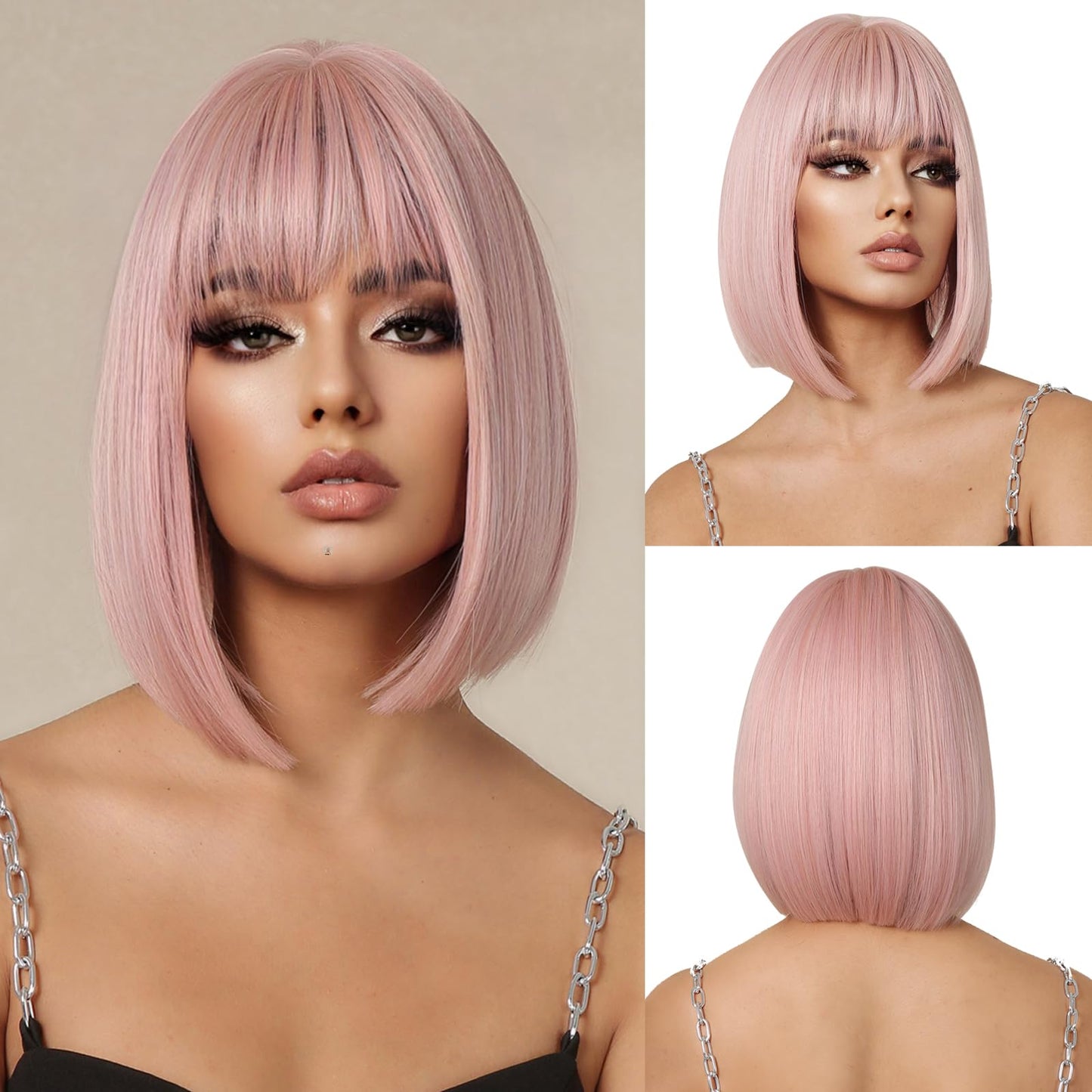 OUFEI Pink Bob Wig With Bangs Short Straight Wig For Women Synthetic Hair Wigs for Daily Party Cosplay Wear