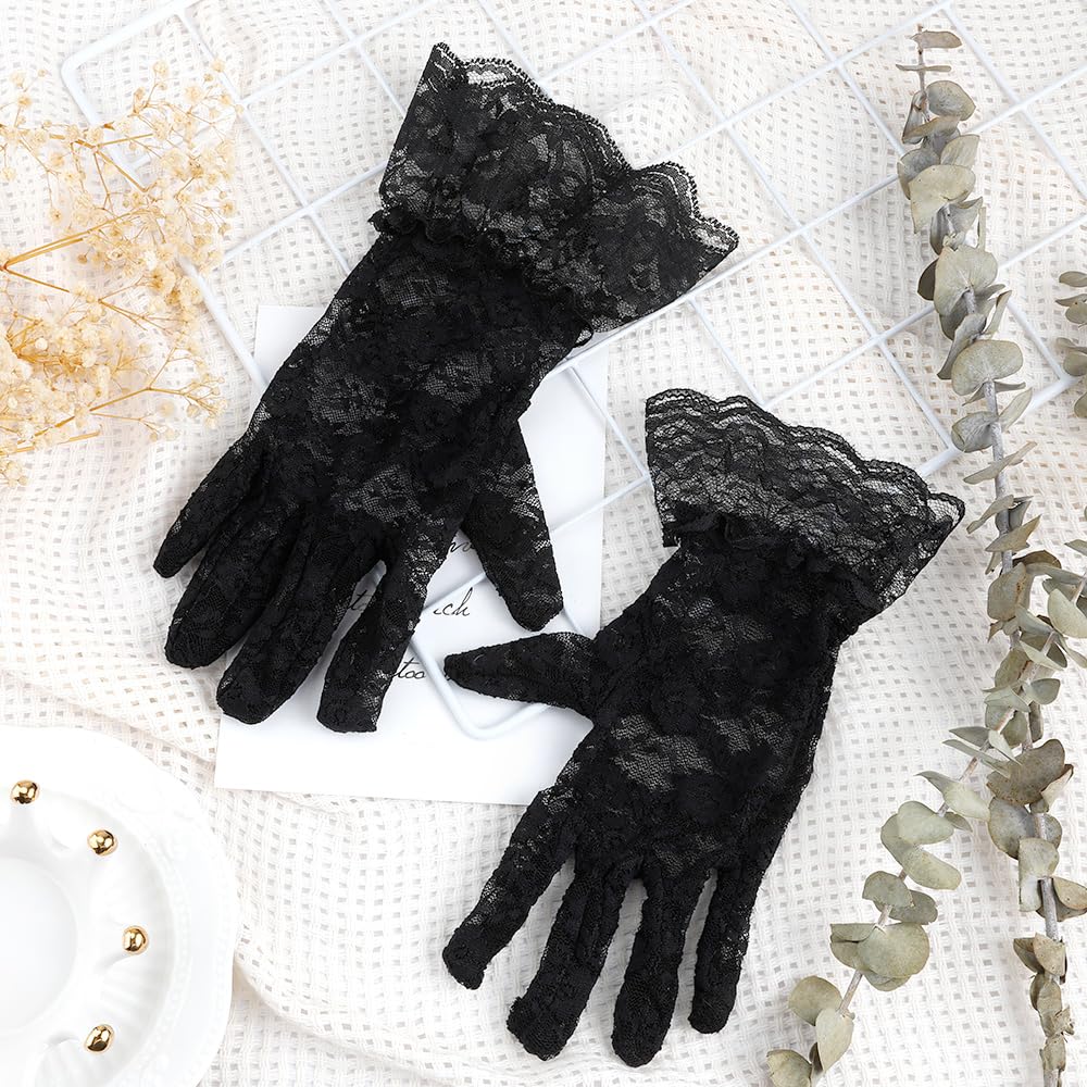 Black Lace Gloves for Halloween, Opera & Tea Party - Women's Fashion Masquerade Gloves
