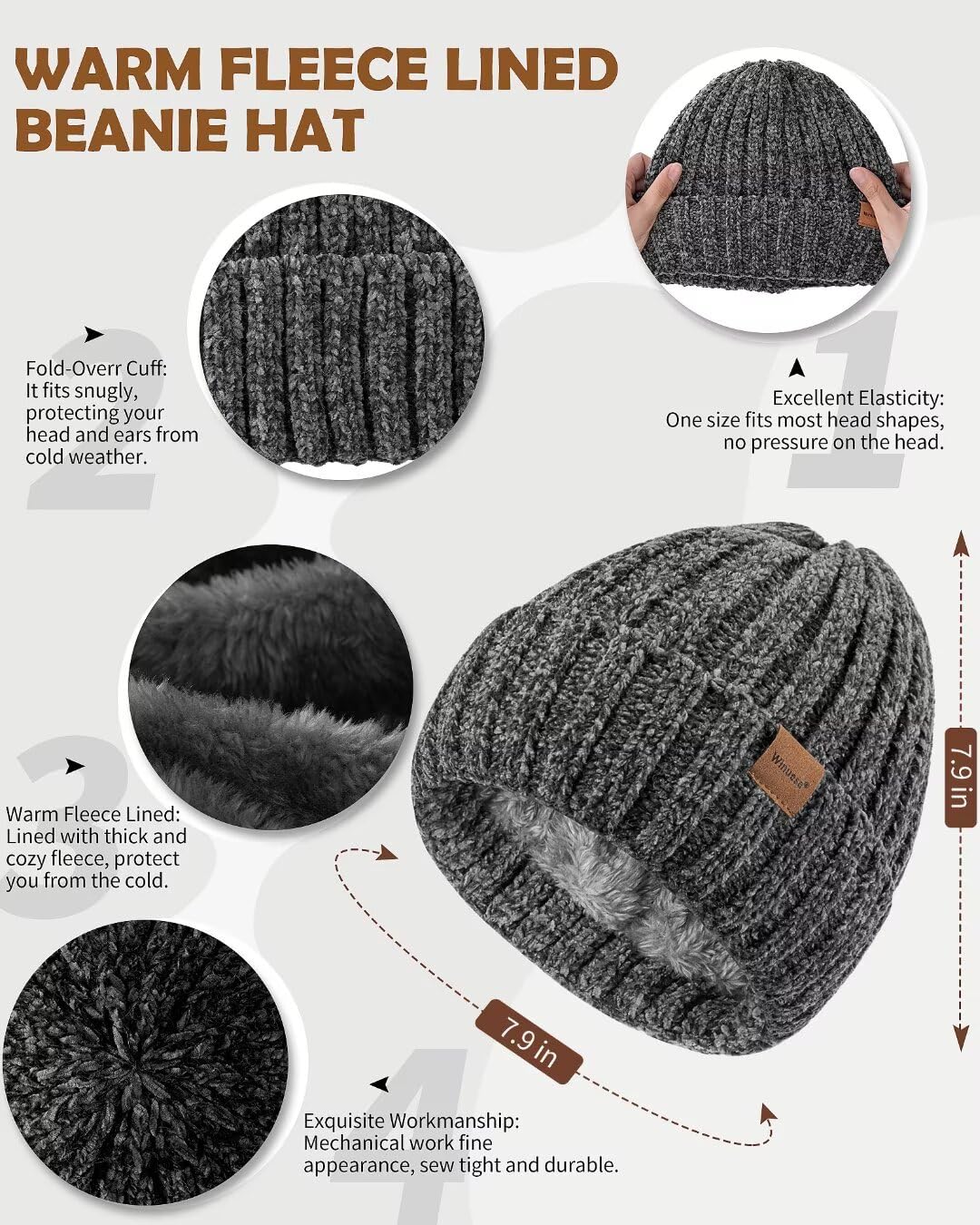 Women Beanie Scarf Gloves Headband Set for Winter, Chenille Beanie Hats Ear Warmer with Fleece Lined Knit Scarf Touchscreen Gloves, 4 In 1 Warm Xmas Gift Set Stocking Stuffers for Women-Gray