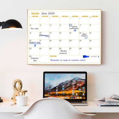 ARCOBIS Monthly Calendar Whiteboard for Wall, 24" x 18" Magnetic Dry Erase Calendar with Gold Frame, Wall Hanging Planner for Home, Office, School