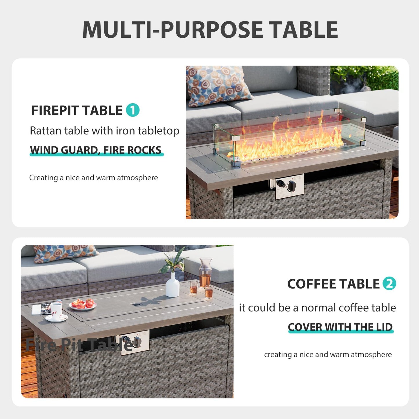 44" Fire Pit Table with Wind Guard for Outdoor, Auto-Ignition Propane Gas Firepits Rattan Rectangular Table for Outside Patio 60,000 BTU, Gray