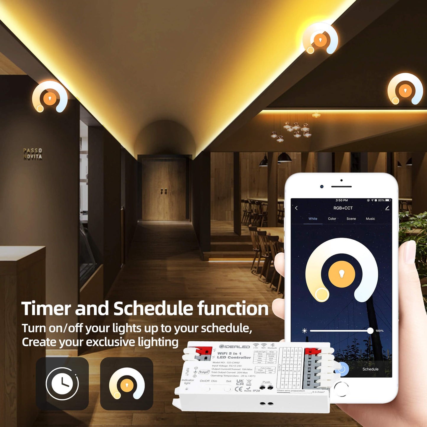 GIDERWEL Smart 5 in 1 WiFi LED Controller RGBWW for Strip Lights RGBCCT RGBW RGB CCT and 5 White Strips,Work with Alexa/Google Assistant,APP/Voice Control Color Change Dimming(Only a WiFi Controller)