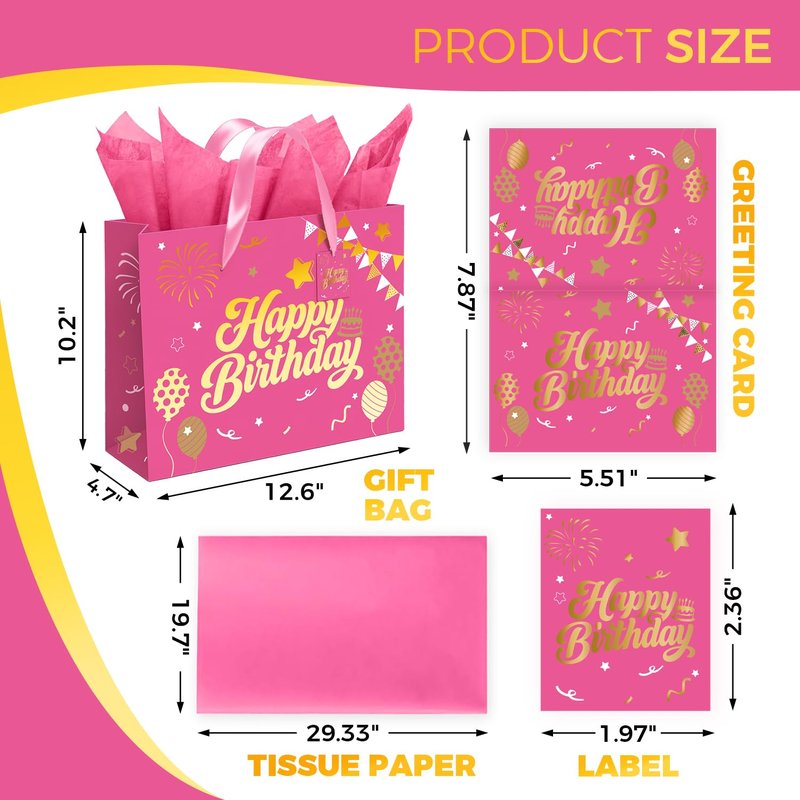 13” Pink Birthday Gift Bag with Tissue Paper and Greeting Card, Happy Birthday Gift Bags for Party, Hot Foil Stamping Design Gift Wrap Bags Decor for Women and Kids, 1 PCS, Medium Size
