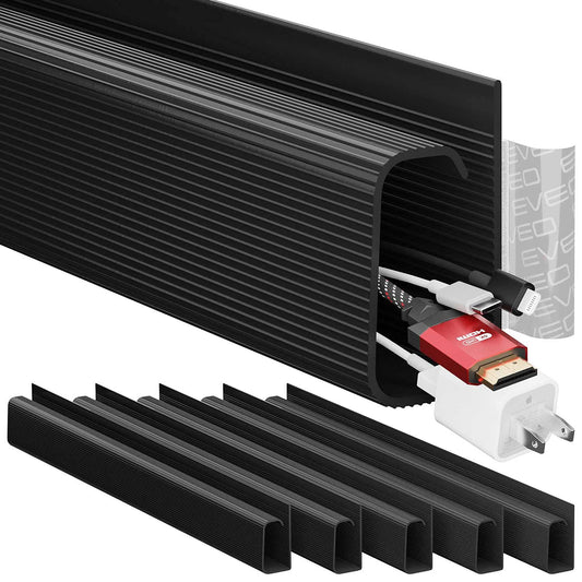 EVEO Cable Management Under Desk Kit (6 Units) - Under Desk Cable Management Cord Hider, Cable Hider Cord Management, Cable Organizer, Cord Organizer Tray | Self-Adhesive 96'' J Channel 6X16 - Black