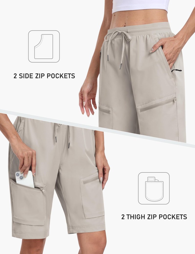 MoFiz Long Shorts for Women Knee Length Quick Dry Half Shorts Women Stretch Womens Long Hiking Shorts Knee Length with Pockets Light Khaki X-Large