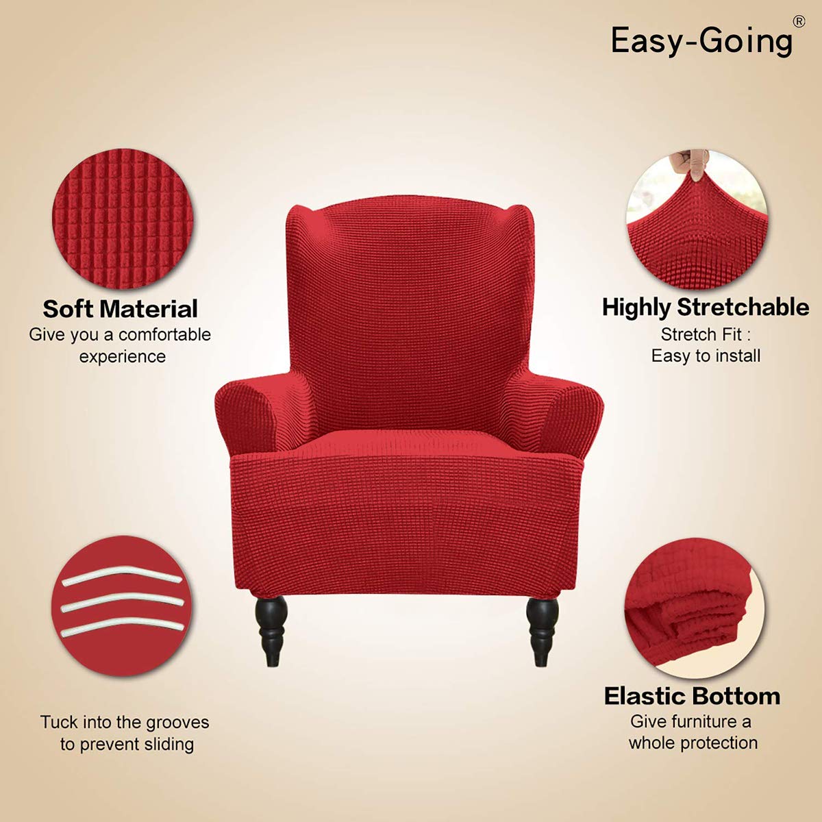 Easy-Going Stretch Wingback Chair Sofa Slipcover 1-Piece Sofa Cover Furniture Protector Couch Soft with Elastic Bottom Polyester Spandex Jacquard Fabric Small Checks(Wing Chair,Christmas Red)