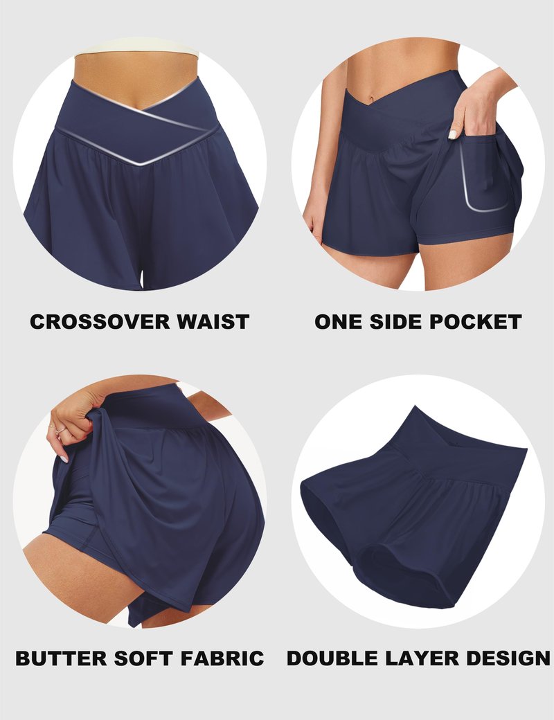 FireSwan Crossover Athletic Shorts for Women 2 in 1 Flowy Running Shorts with Pockets Spandex Butterfly Workout Tennis Skorts Navy Blue