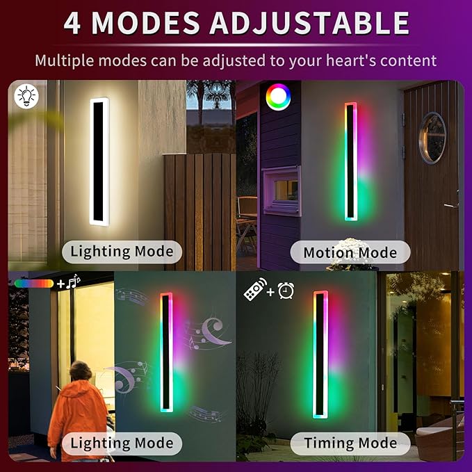 Mikeru 2pack 57inch Outdoor Wall Light Fixtures, RGB Long Exterior Wall Light 10%-100% Dimmable Smart Outdoor Light Fixtures Wall Mount Featuring Multiple Modes and 12 Colors for Patio Entryway