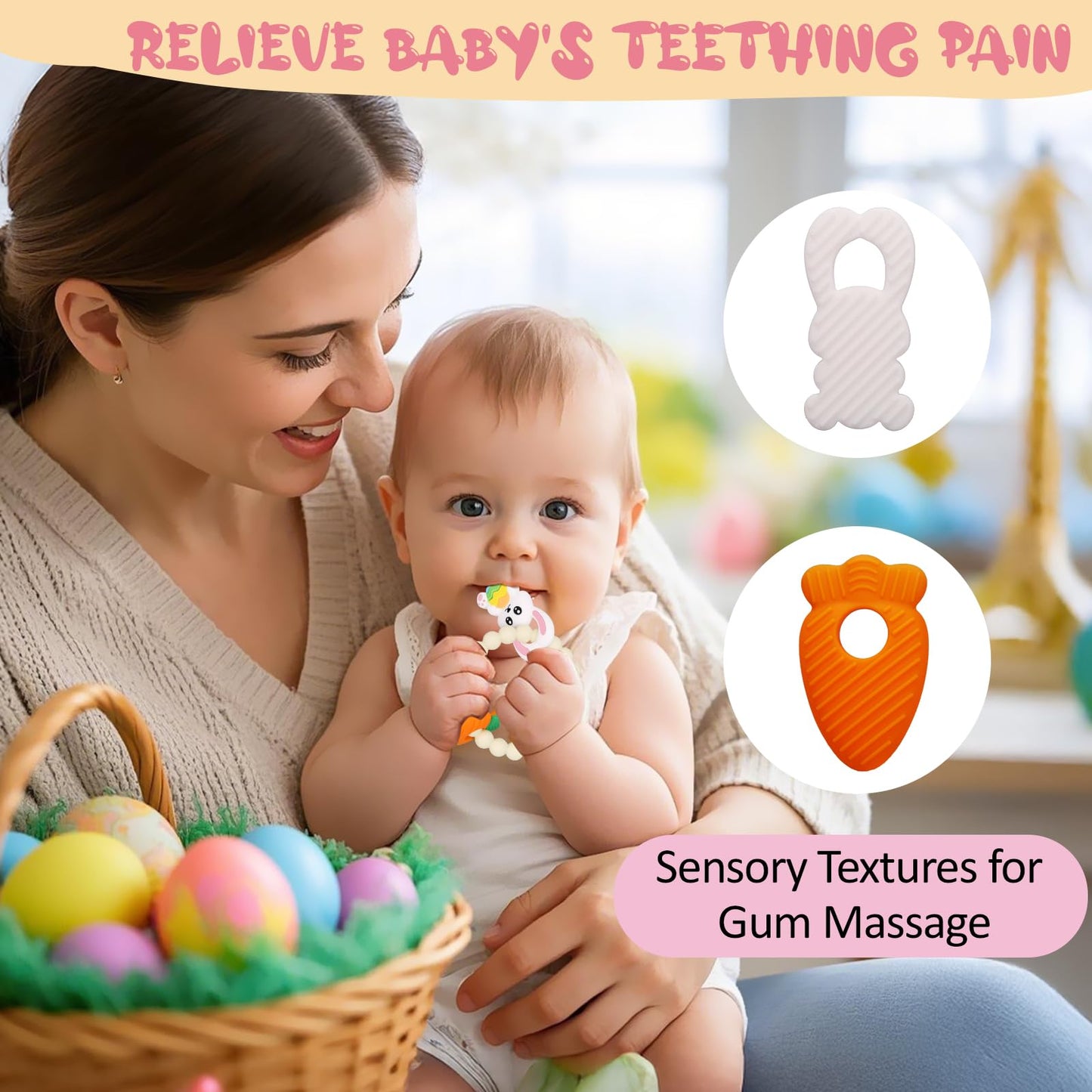 Easter Baby Teething Ring Toys – Bunny Easter Egg & Carrot Teethers for Newborns, Infants & Toddlers – Sensory Chew Bracelet for Teething Relief – Perfect Baby’s First Easter Basket Stuffers