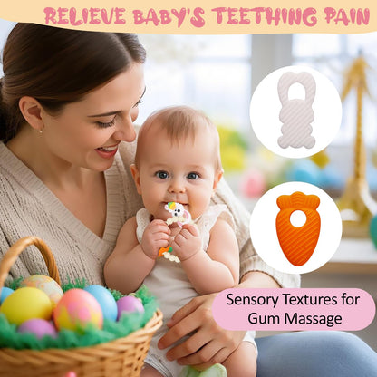 Easter Baby Teething Ring Toys – Bunny Easter Egg & Carrot Teethers for Newborns, Infants & Toddlers – Sensory Chew Bracelet for Teething Relief – Perfect Baby’s First Easter Basket Stuffers