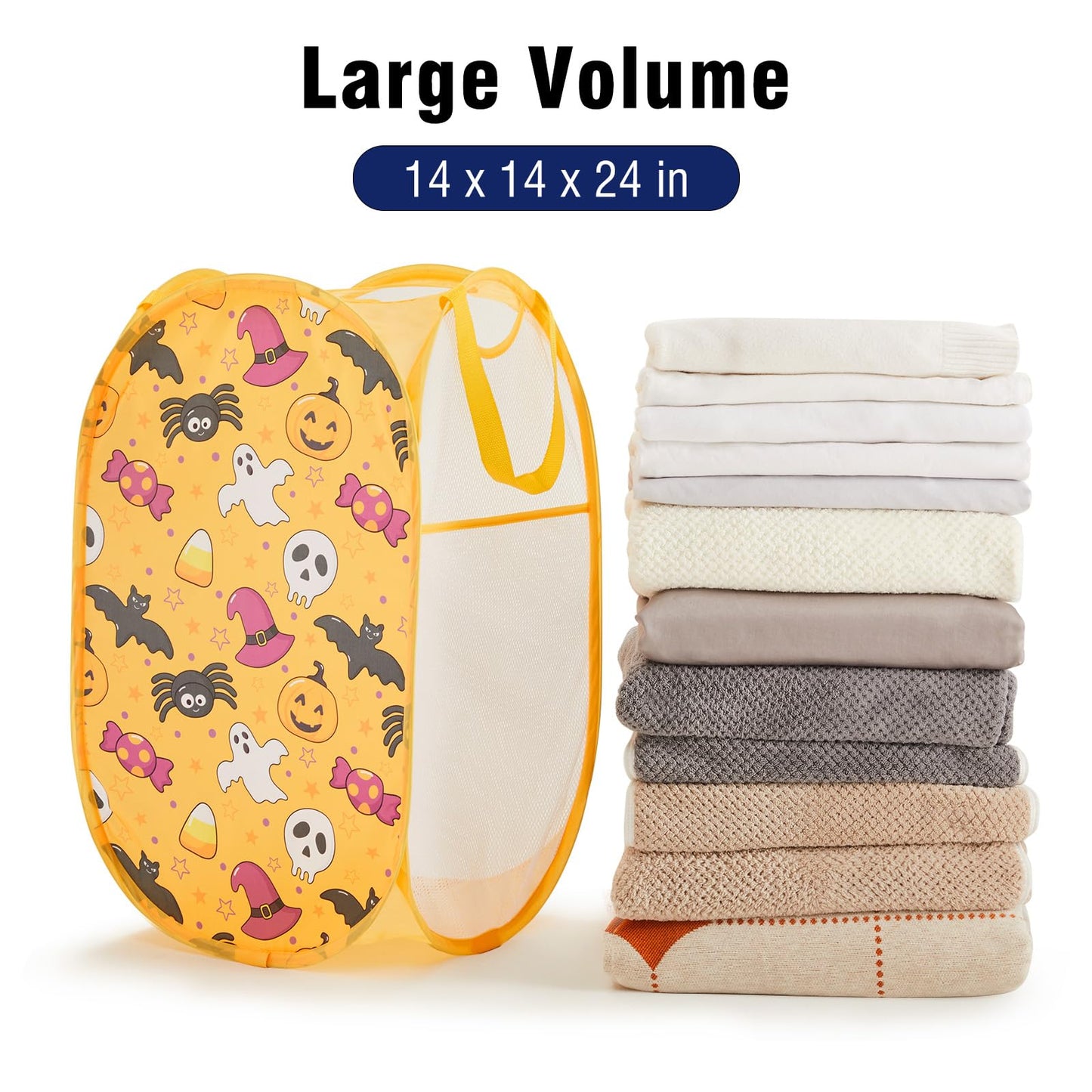 TECHMILLY Collapsible Mesh Pop Up Laundry Hamper with Sturdy Handles and Side Pocket - Portable Foldable Clothes Baskets for Dorm, Bathroom & Travel Storage (Halloween)