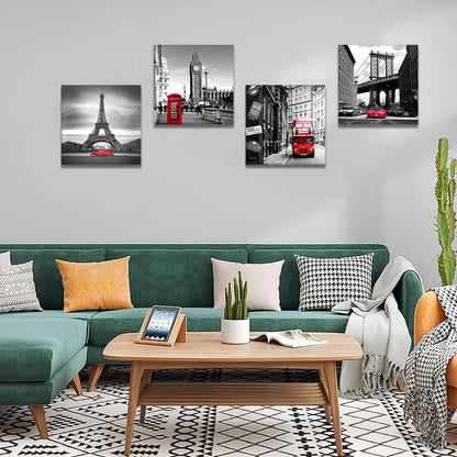 Artscope 4 Pieces Wall Art Canvas Prints - Red Cityscape with Eiffel Tower, Big Ben, Tower Bridge Picture Painting- Modern Wall Artwork Framed for Bathroom Home Office Decor - 30 x 30 CM