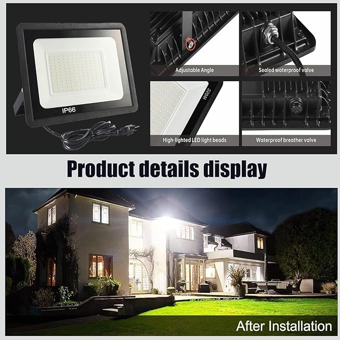 4 Pack-100W LED Flood Light Outdoor,11000LM LED Work Light with US Plug,6000K Daylight White,IP67 Waterproof Outdoor Floodlights for Yard,Garden,Playground