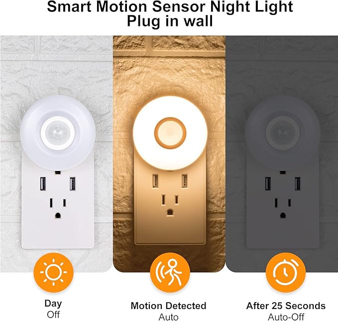 YELKO Night Lights Plug Into Wall,200Lumen Super Bright Plug in Motion Sensor Light Indoor,Smart Plugin Motion Activated Nightlights for Bathroom, Hallway(Warm White 2Pack)