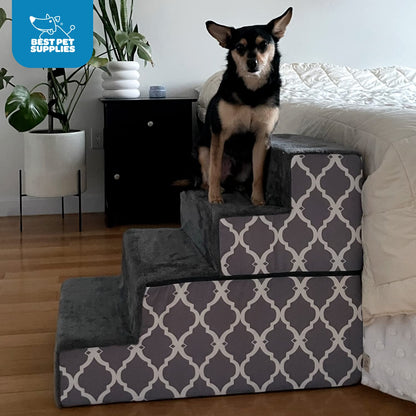 Best Pet Supplies Foldable Foam Pet Steps for Small Dogs and Cats, Portable Ramp Stairs for Couch, Sofa, and High Bed Climbing, Non-Slip Balanced Indoor Step Support, Paw Safe - Ash Gray Linen,4-Step
