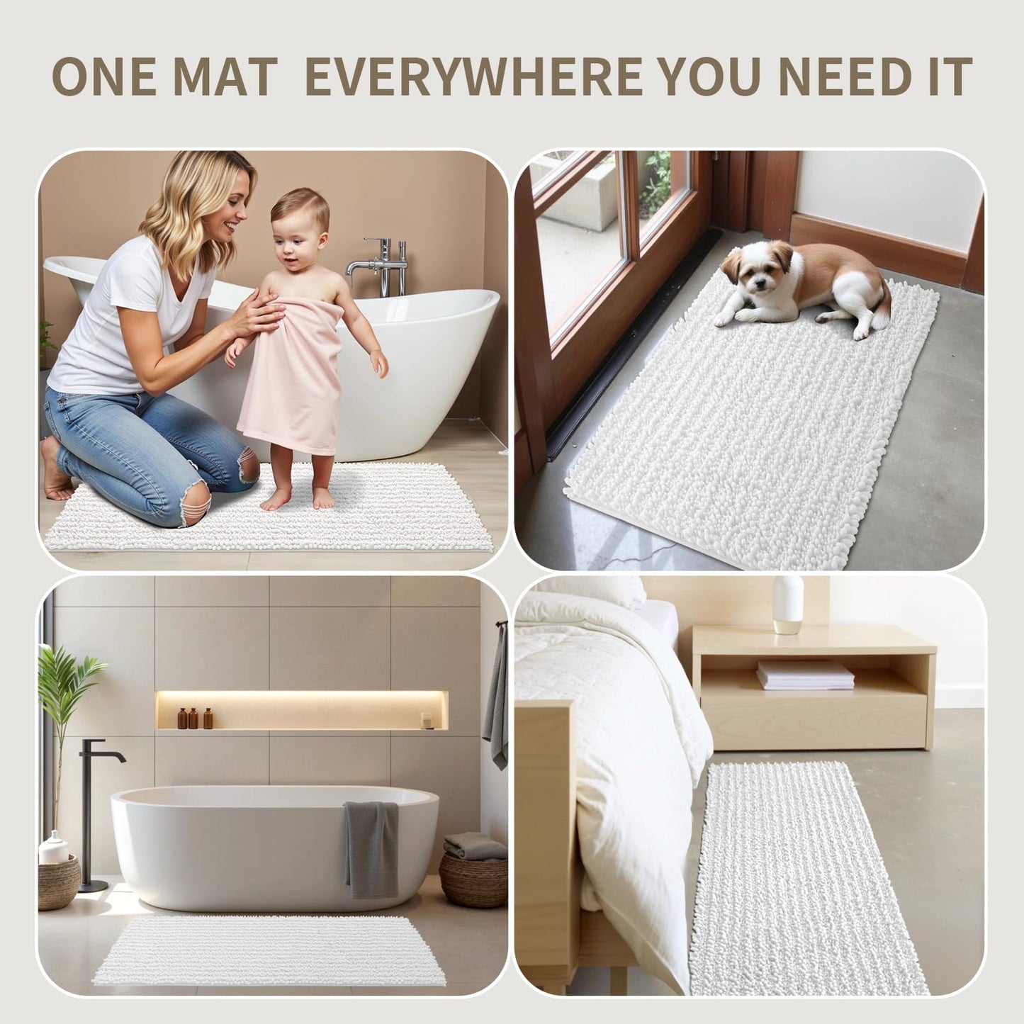Ruggnovea Bathroom Rugs Non Slip Washable 32x20, Extra Thick Soft Chenille Absorbent Bath Mat, High Density Barrier Non Slip Backing, Quick Dry Plush Shaggy Floor Carpet for Tub&Shower, White
