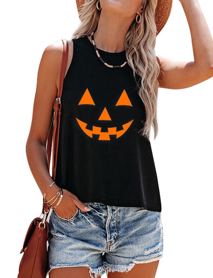 Mokoru Women's Funny Halloween Skeleton Pumpkin Skull Graphic Sleeveless Tank Top Shirts, Medium, Smile Face Black