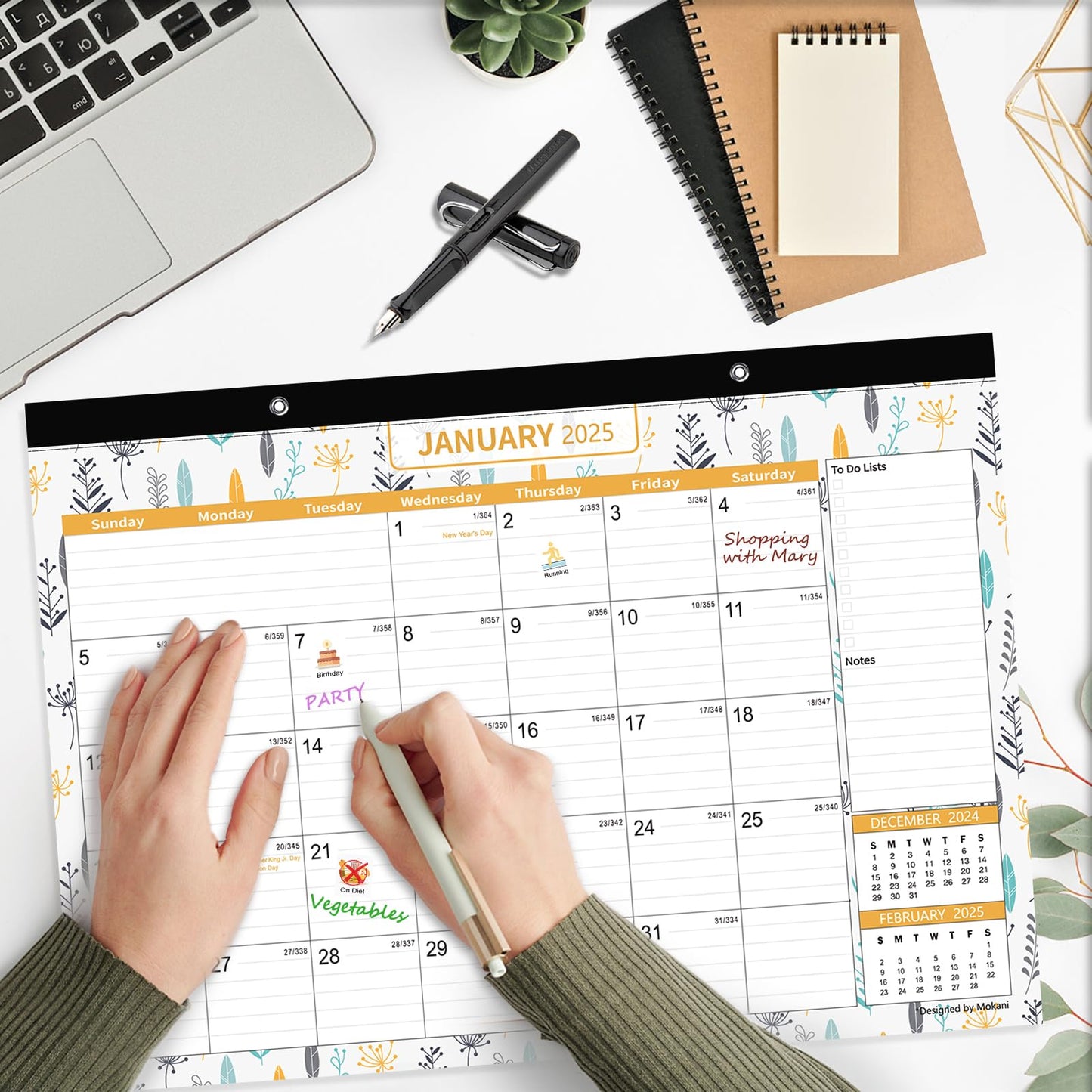 MOKANI Desk Calendar 2025-2026, Large Monthly Wall Calendar from Jul.2025 to Dec.2026 with Plastic Cover: 17"x12", 18 Months Academic Year Desk Pad with Planner Stickers